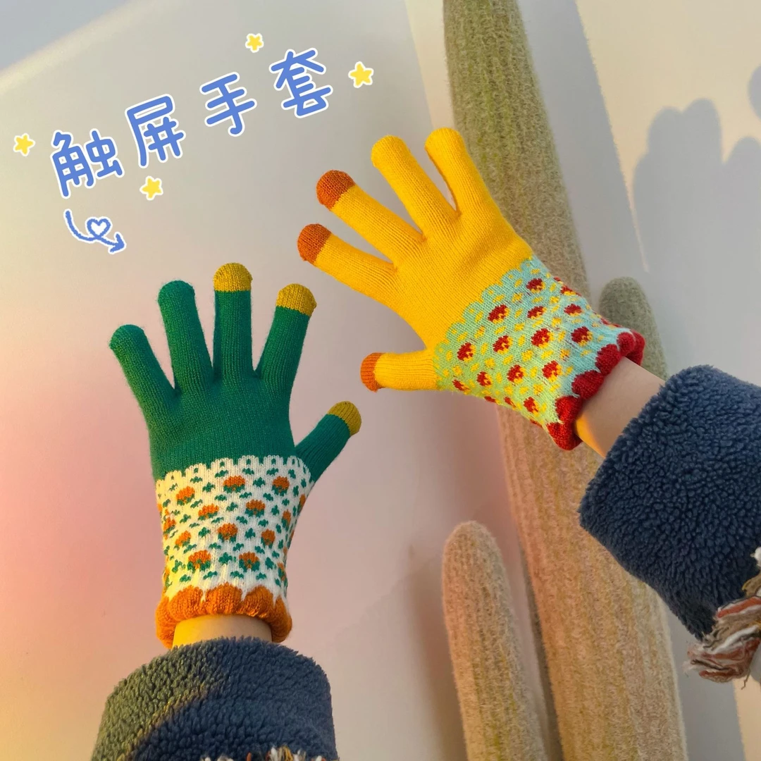 手套女冬季韩版ins可爱可触屏毛线针织情侣学生保暖五指户外骑车