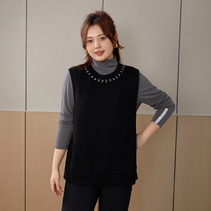 【圆领开叉】纤莉秀大码女装设计感时髦洋气钉珠针织马甲QI5652