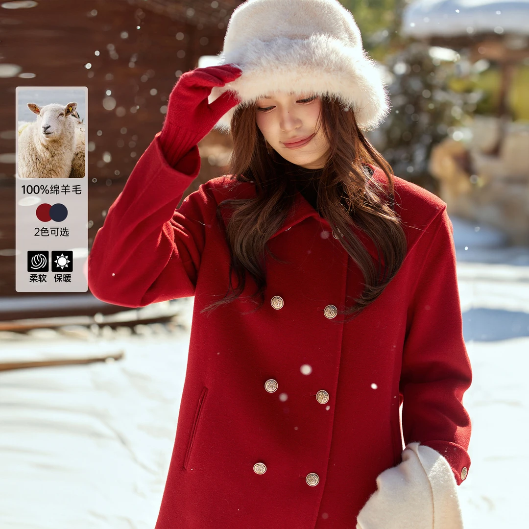 【学院风海军领绵羊毛外套】纤莉秀大码女装气质百搭大衣QJ2797