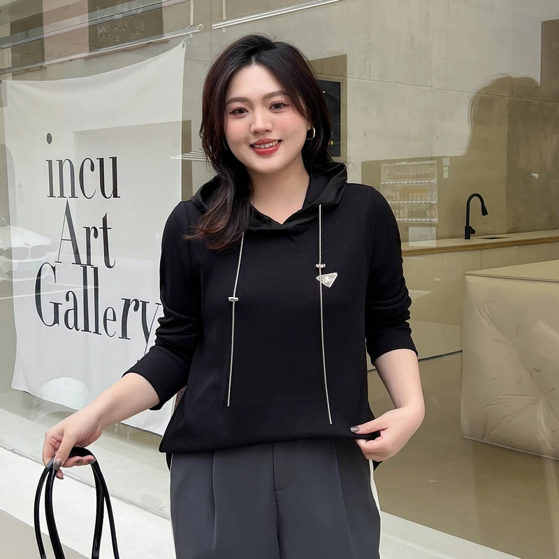 【柔美干练】纤莉秀冬装新款胖mm大码女装拼接连帽百搭针织衫QH5321