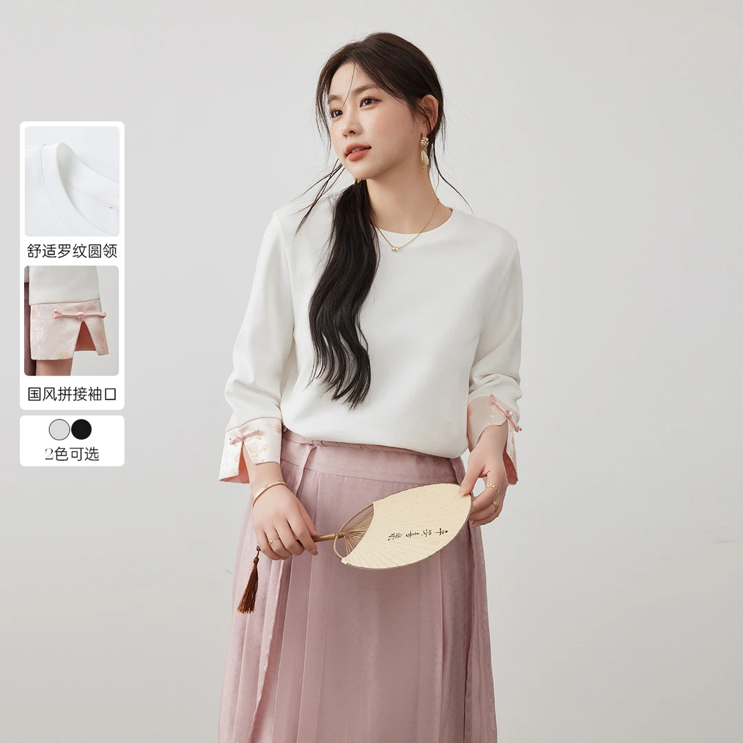 【新中式国风】纤莉秀大码女新款尤莱特穿搭拼接袖口圆领T恤QJ1457