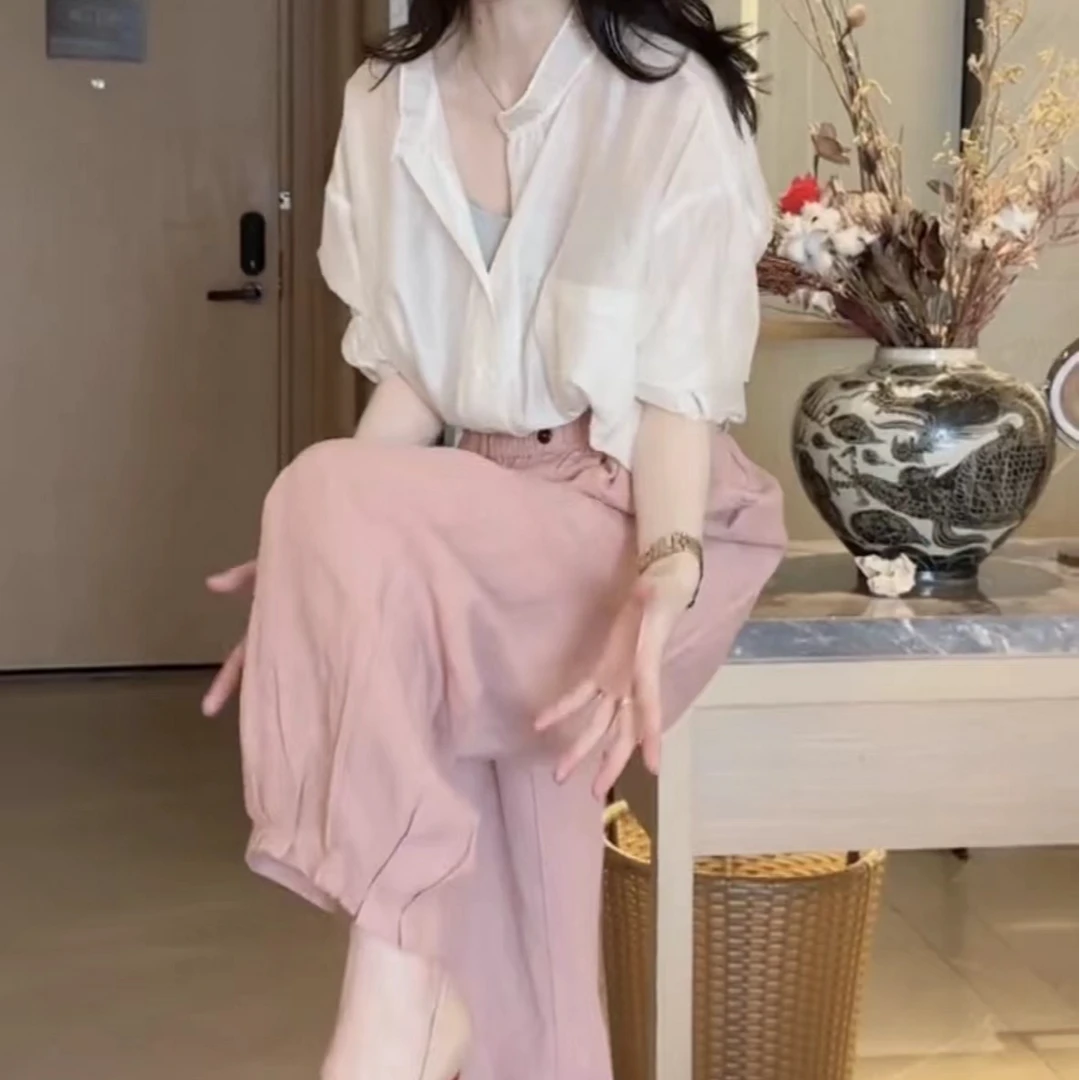 轻熟风衬衫套装上衣气质时尚休闲裤夏季洋气网红法式小众减龄A466