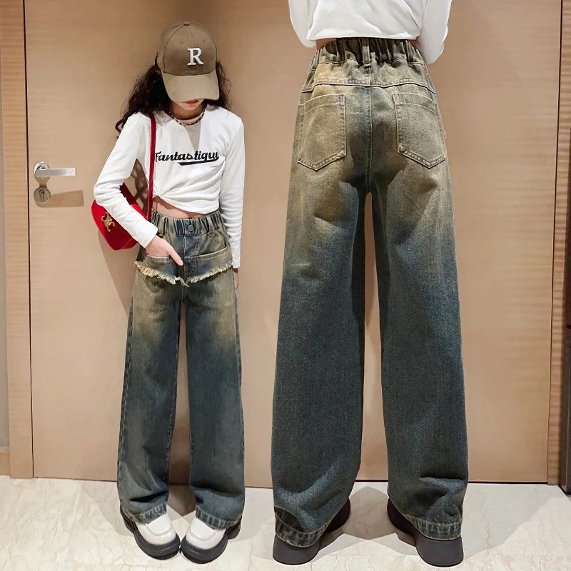 前面毛边渐色阔腿裤 牛仔裤 大码 直筒 宽松 复古 春秋 显瘦 美式