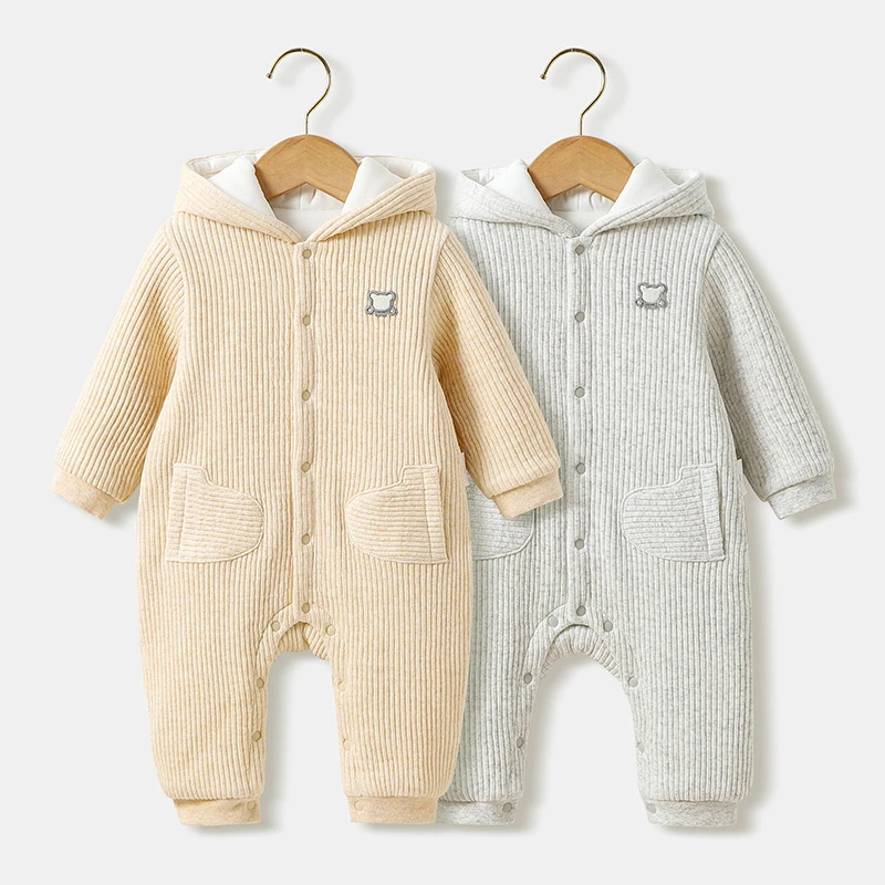 秋冬新款婴儿幼儿连帽连体衣夹丝布加厚保暖长袖宝宝哈衣爬服童装