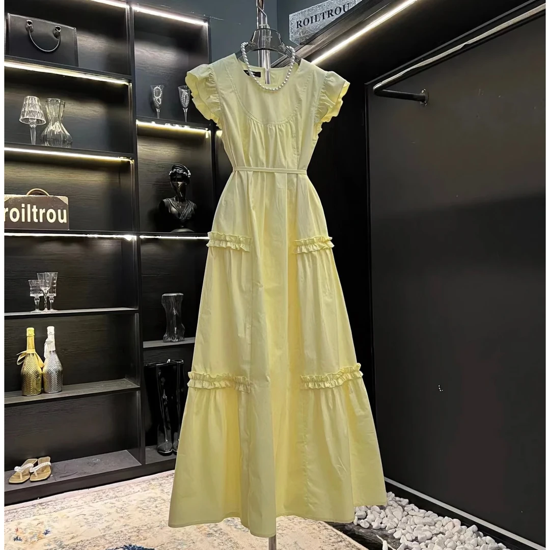 roiltrou初夏小众设计感蛋糕裙气质显瘦飞飞袖连衣裙时尚黄色拼接