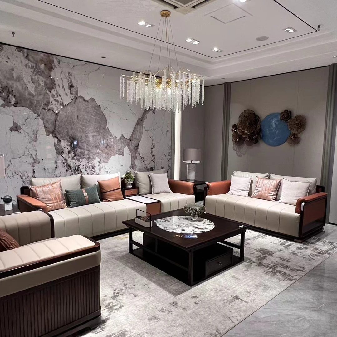 【新品】免漆原木新中式套餐家具成套实木客厅头层真皮沙发OV2286