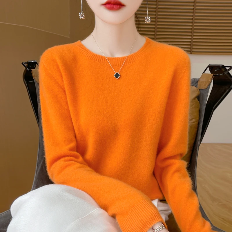 秋冬100%纯羊毛衫女一线成衣圆领长袖针织衫宽松百搭套头打底毛衣