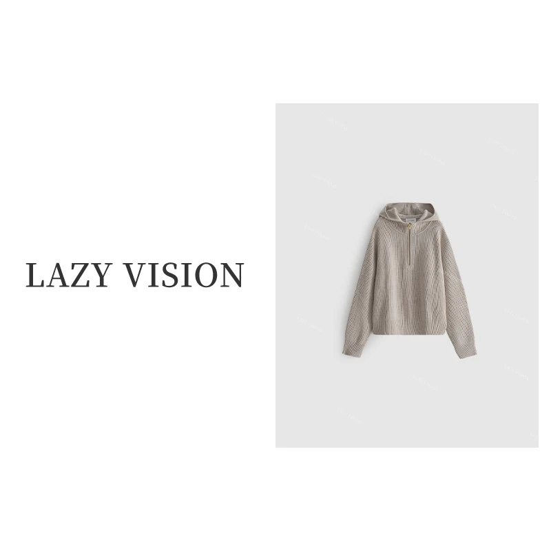 LAZYVISION100绵羊毛拉链领连帽毛衣女士针织帽衫ZMD-20809芽芽