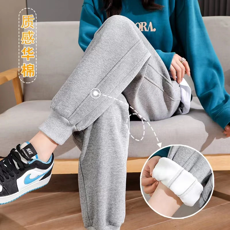 啄木鸟加绒加厚运动裤女秋冬新款韩版高腰宽松显瘦百搭卫裤