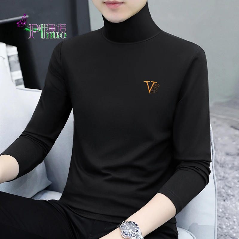 Punuo蒲诺 V印花高领薄款翻领男纯棉长袖t恤男打底衫(赠送运费险）