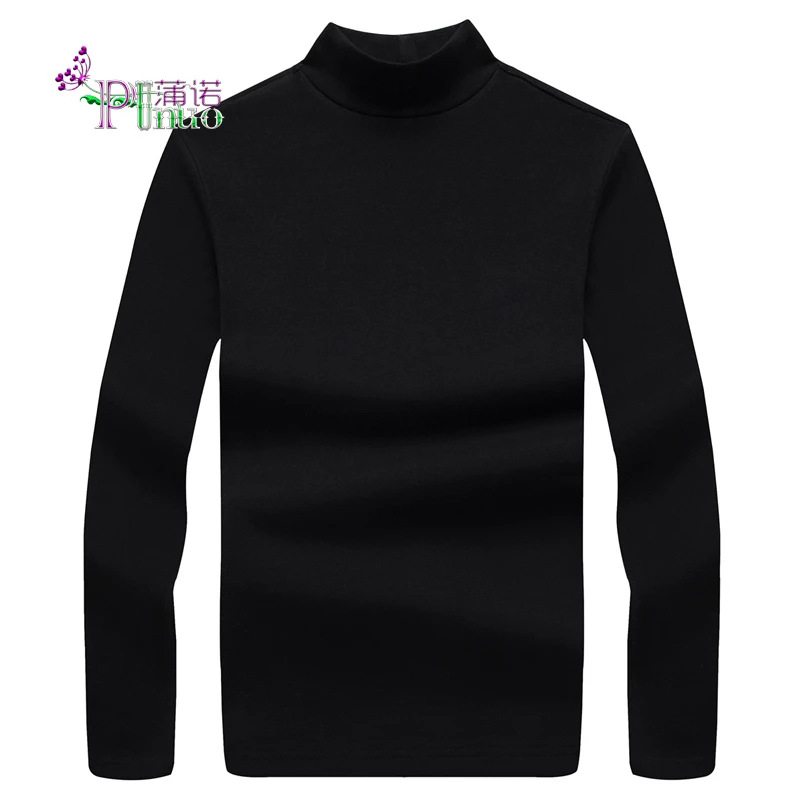 Punuo蒲诺 中领纯色印花厚款秋衣半高领95棉长袖t恤男百搭打底衫