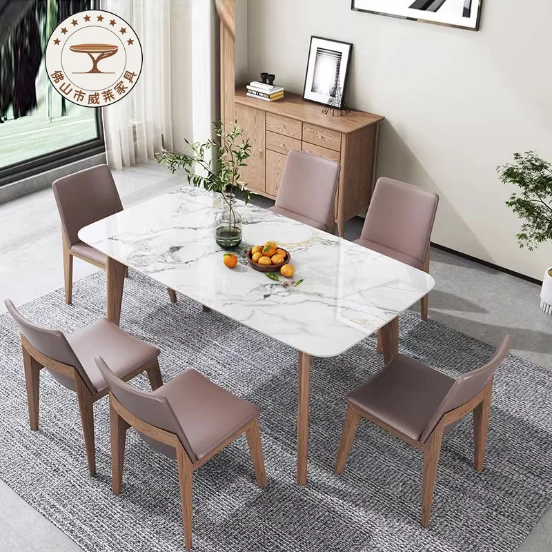 实木白蜡木岩板餐桌现代简约小户型长方形家用北欧实木餐桌椅组合