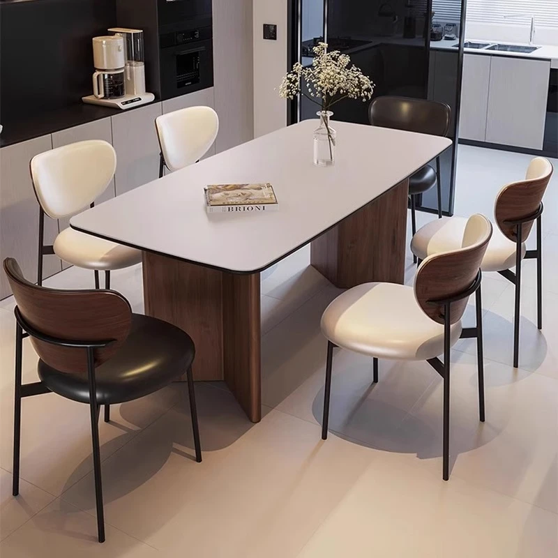 中古风胡桃色实木岩板餐桌椅组合侘寂风长方型小户型餐桌