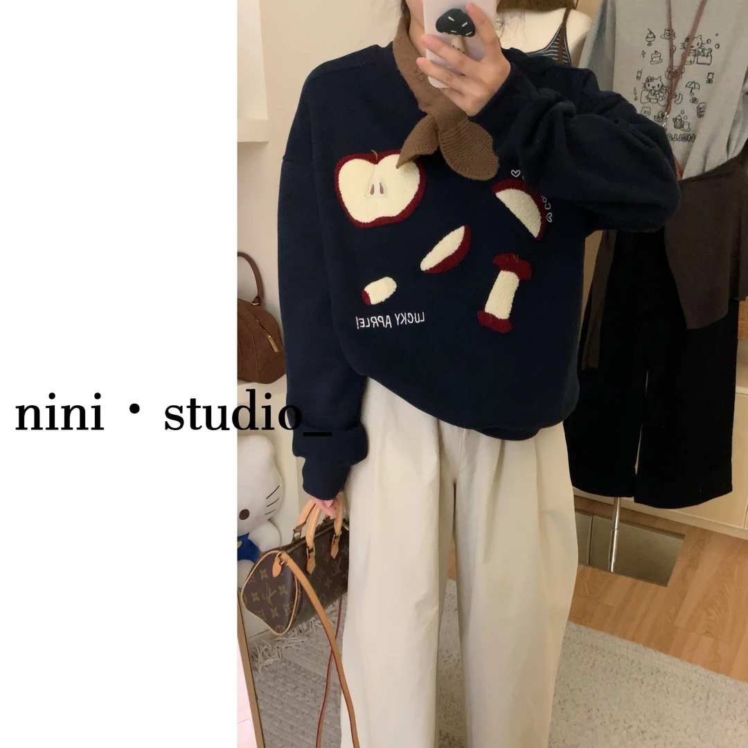 nini·刺绣苹果重工设计趣味韩系ins风宽松卫衣