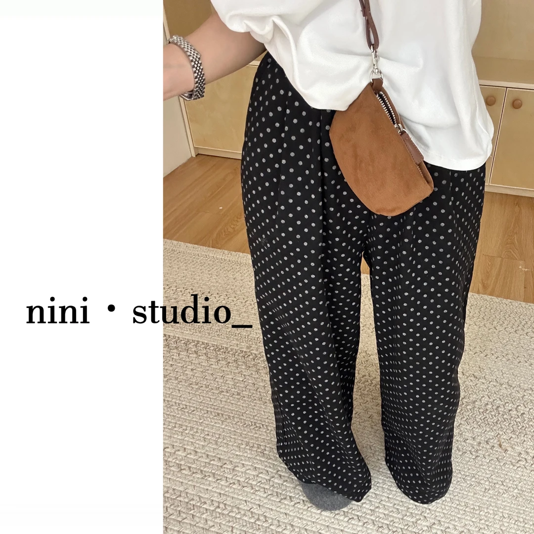 nini·波点牛仔松紧腰韩系休闲阔腿裤（有掉色现象）