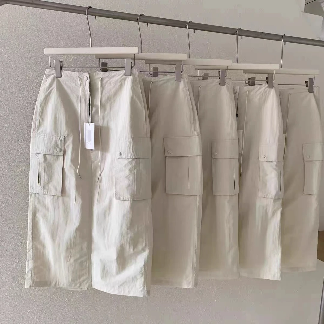 韩国东大门代购双口袋字母刺绣工装长款夏季直筒半身裙夏