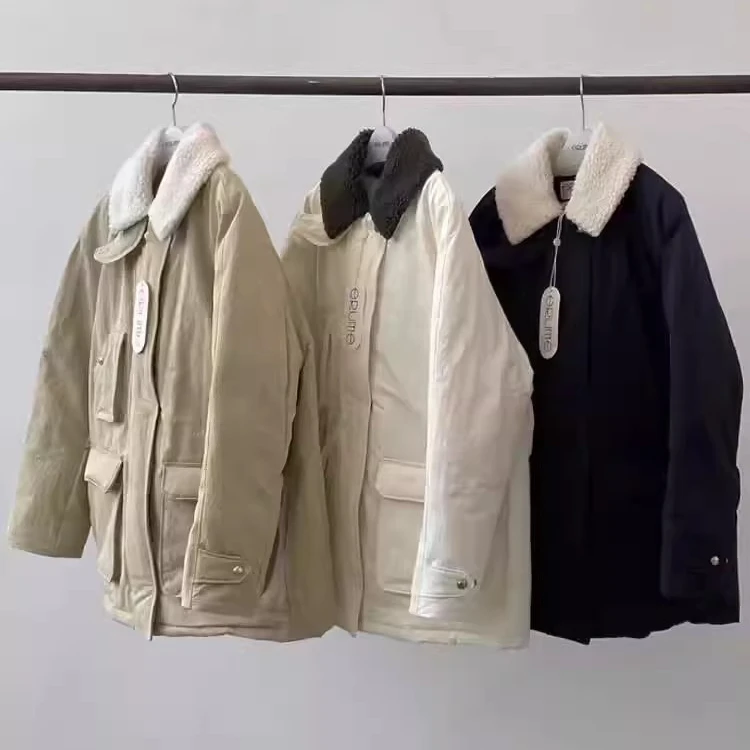 erume 韩国东大门新款毛呢领工装鹅绒保暖羽绒服女中长款冬季外套