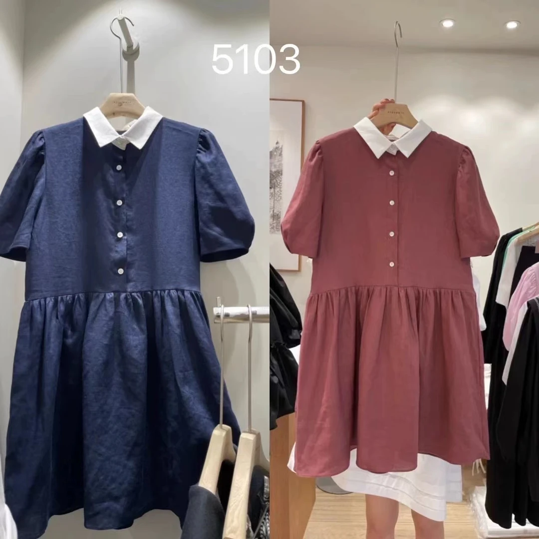 韩国东大门代购assembly2024夏季洋气减龄撞色翻领系扣短袖连衣裙