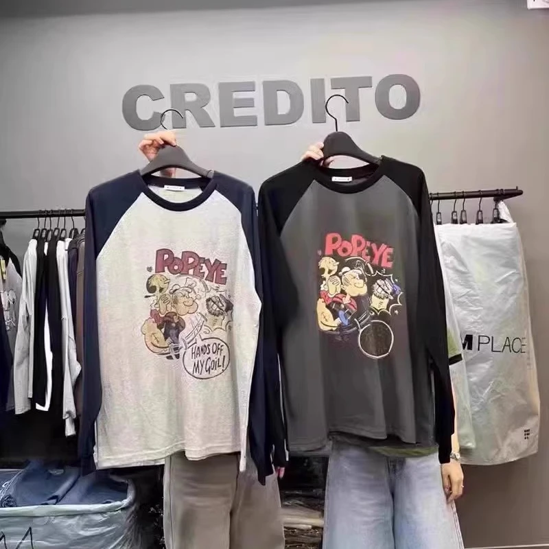 现货credito 韩国东大门代购2024秋新款 拼色黑袖大力水手印花T恤