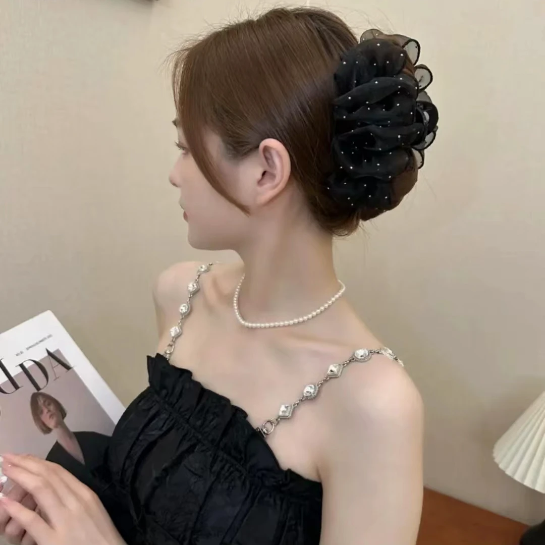 夏季新款网红满天星泡泡夹网纱褶皱盘发抓夹高级感女百搭时尚发饰