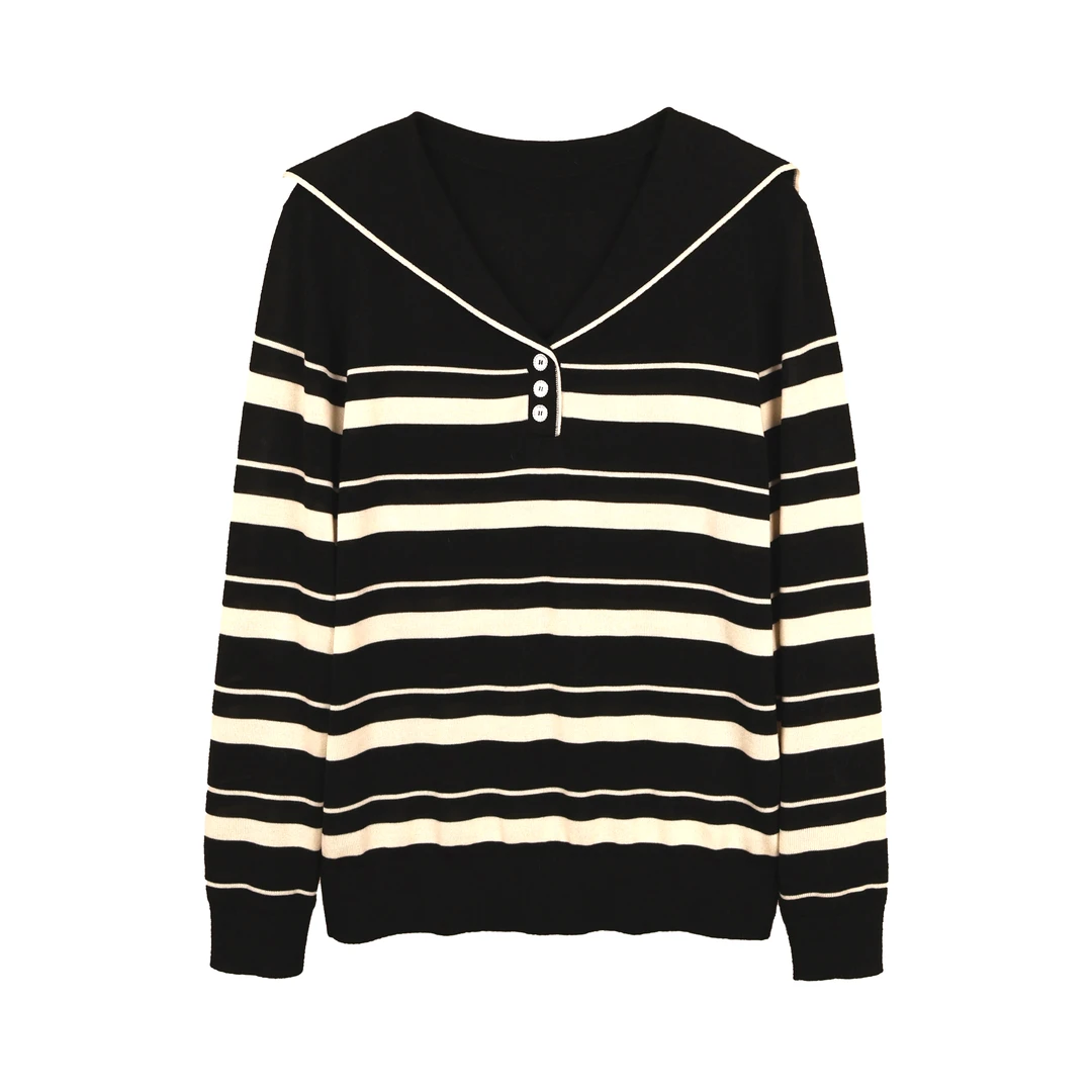 秋冬女装长袖翻领针织衫海军领条纹休闲撞色打底针织衫气质女上衣