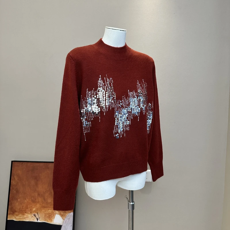 冬季百搭女士半高领羊毛衫亮片重工时尚减龄毛衣女打底衫