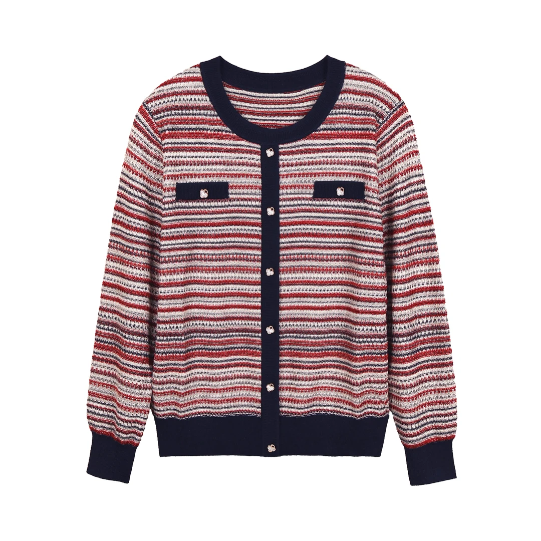 秋冬女装时尚长袖针织衫撞色条纹圆领套头针织打底衫女上衣