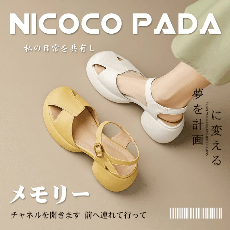 【海外原单】新款百搭复古粗跟一字带厚底镂空包头凉鞋