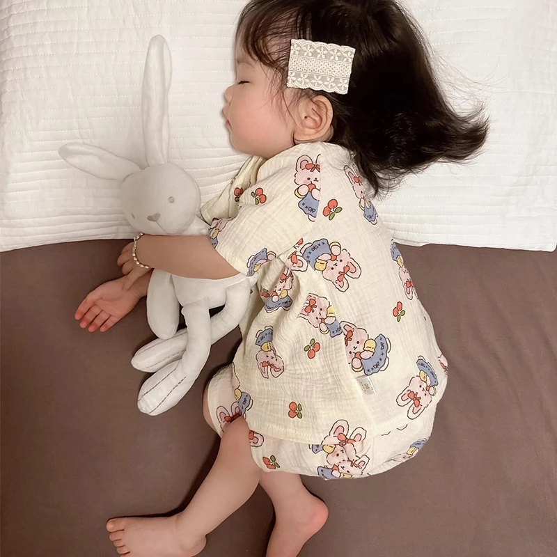 儿童睡衣女孩夏季薄款纯棉纱布男童宝宝家居服套装婴儿短袖空调服