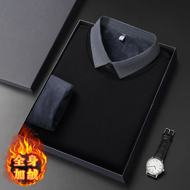 【全身一体绒】冬季新款男士加绒加厚假两件上衣翻领休闲保暖POLO衫