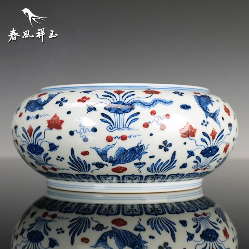 春风祥玉 邹俊窑制 八字款  鱼藻纹 大莲子缸 文玩探宝