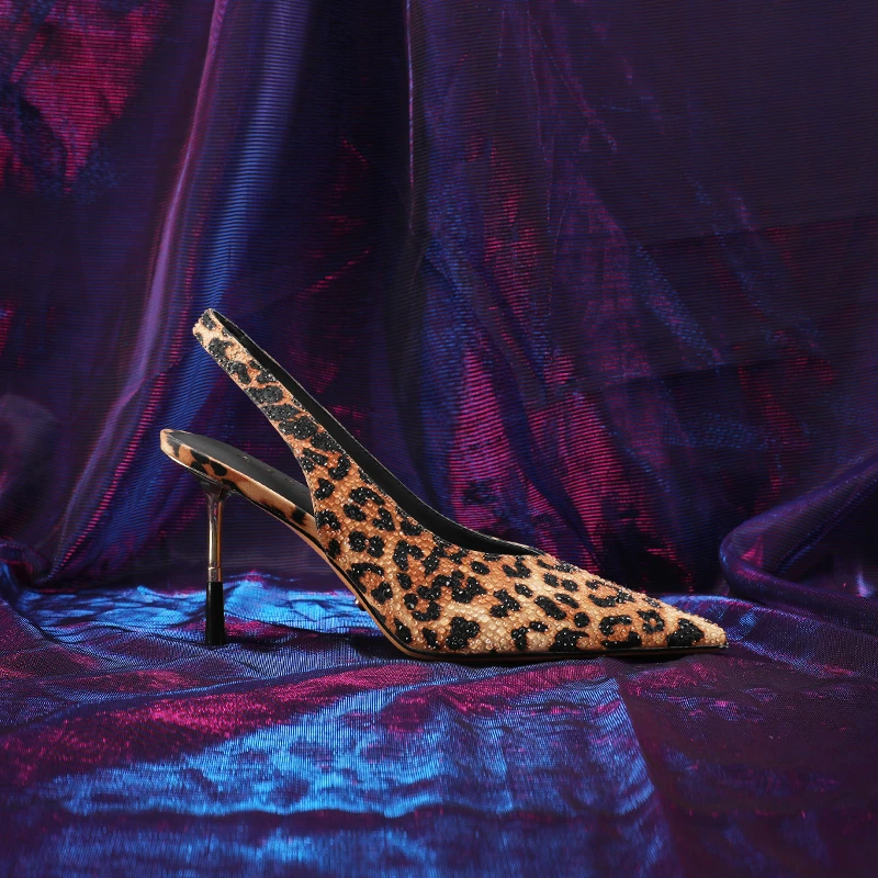 25豹纹细跟高跟鞋爆款洋气尖头后空凉鞋夏季新款高贵轻奢女鞋