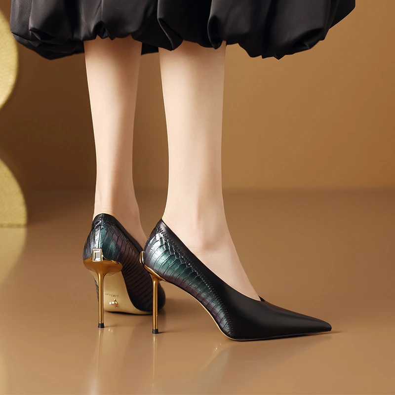 浅口高跟鞋时尚尖头奶奶鞋2024春季新款气质真皮单鞋法式细跟女鞋