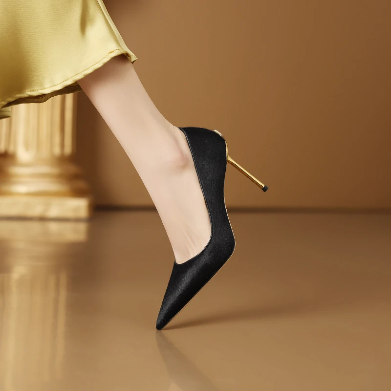 8厘米浅口高跟鞋细跟气质黑色尖头女鞋真皮春季法式职业单鞋舒适