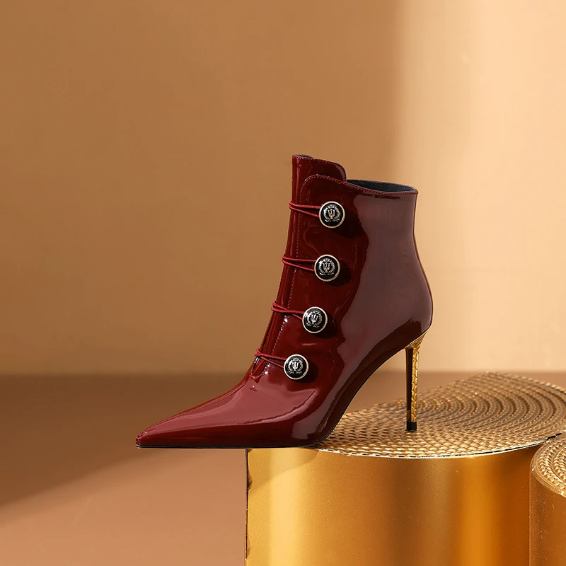 8厘米尖头短靴法式尖头时尚细高跟女靴冬季新款气质红色漆皮裸靴