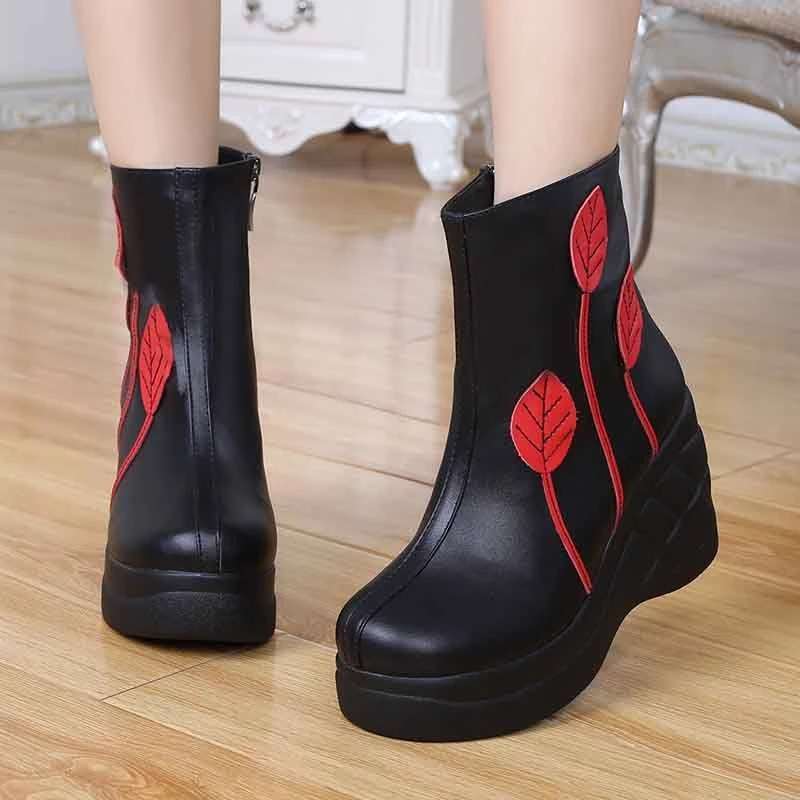 复古风真皮圆头坡跟厚底短筒女靴粗跟拼色加绒保暖棉靴圆头单靴子