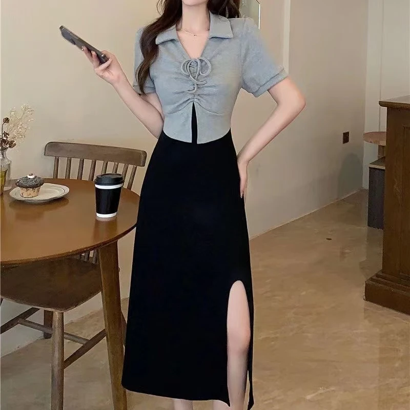 大码胖MM假两件拼接显瘦连衣裙8880