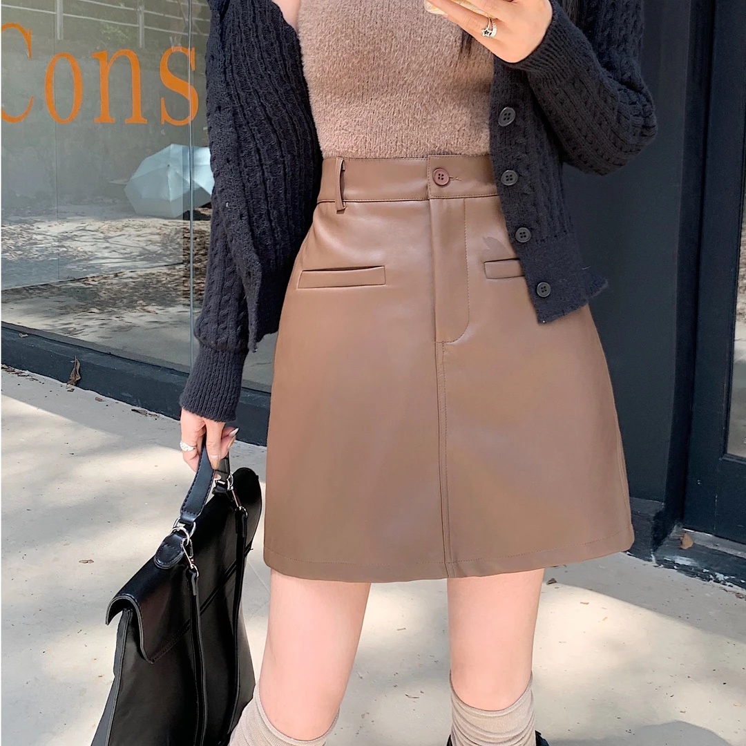 秋冬韩版高腰显瘦百搭包臀短裙小众设计感小皮裙半身裙 6035