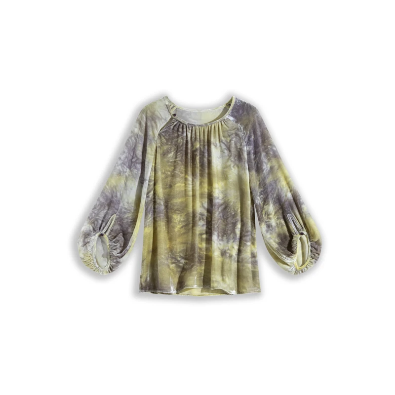 桑蚕丝真丝丝绒扎染渐变新中式气质圆领上衣XYD23C061