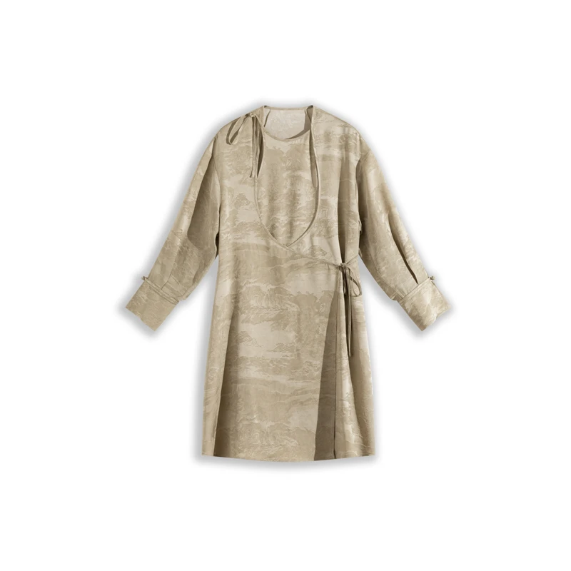 满分桑蚕丝真丝圆领山水图新中式连衣裙XYD23134