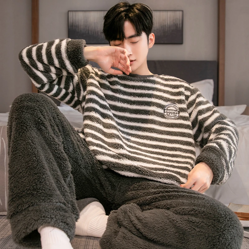 珊瑚绒男士睡衣时尚秋冬简约加厚加绒秋冬长袖长裤保暖家居服套装