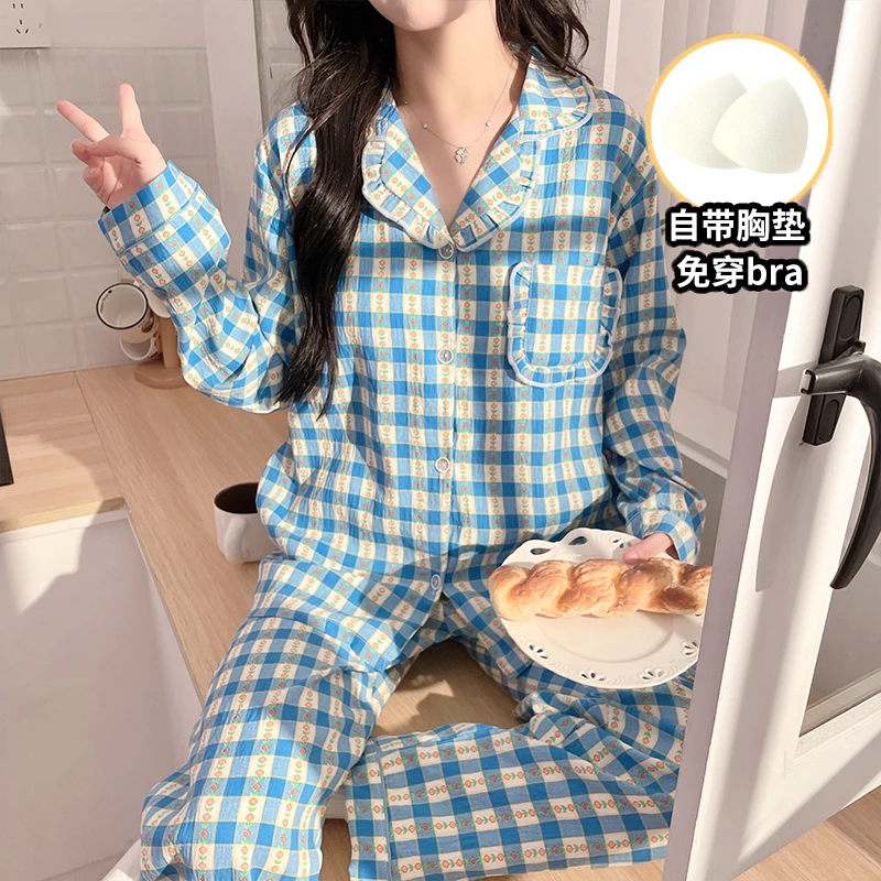 【甜美格子】拍一发二长袖长裤秋冬季舒适家居服两件套睡衣女款新款