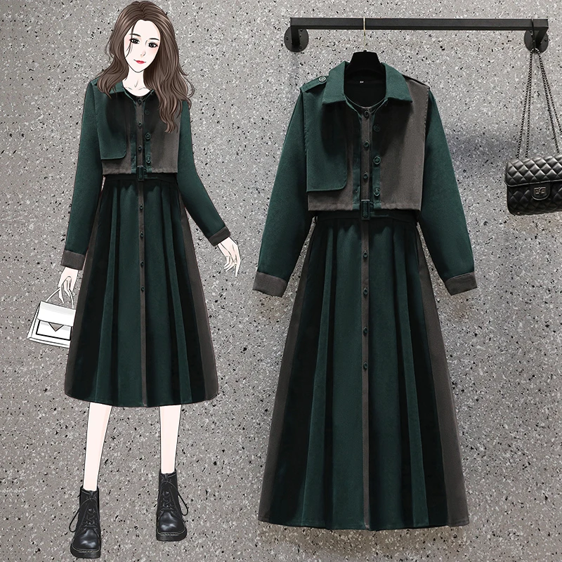 大码女装胖mm秋季新款马甲连衣裙套装女收腰显瘦撞色气质两件套