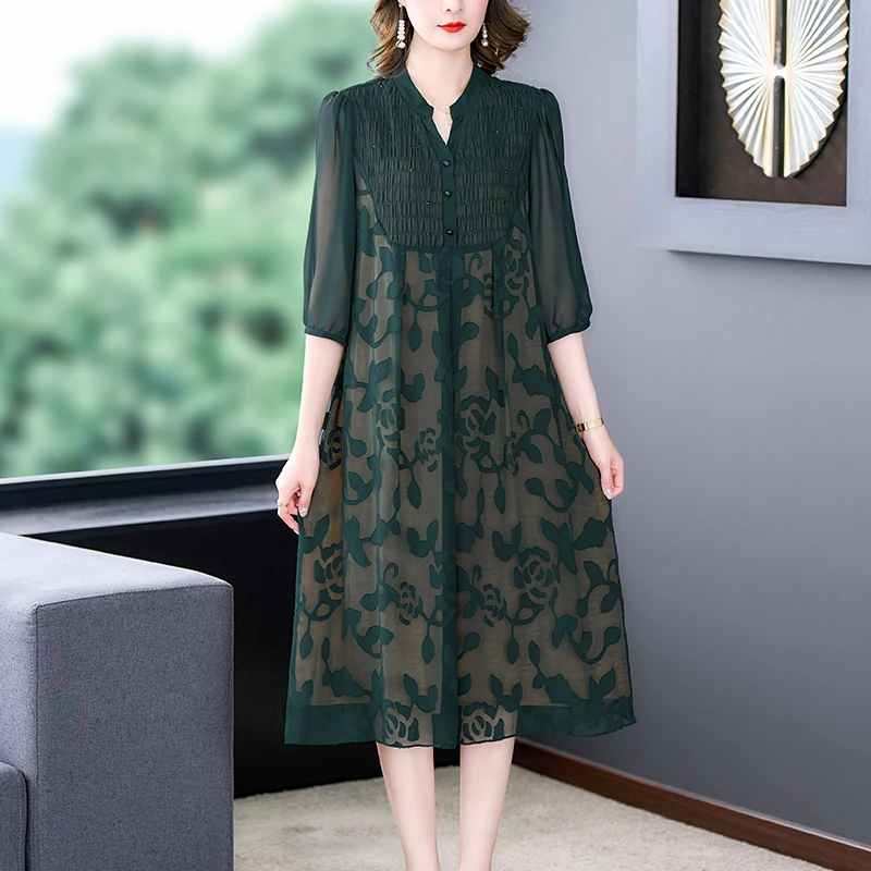 中长款显瘦中老年妈妈装时尚洋气纯色宽松连衣裙阔太太气质8037#