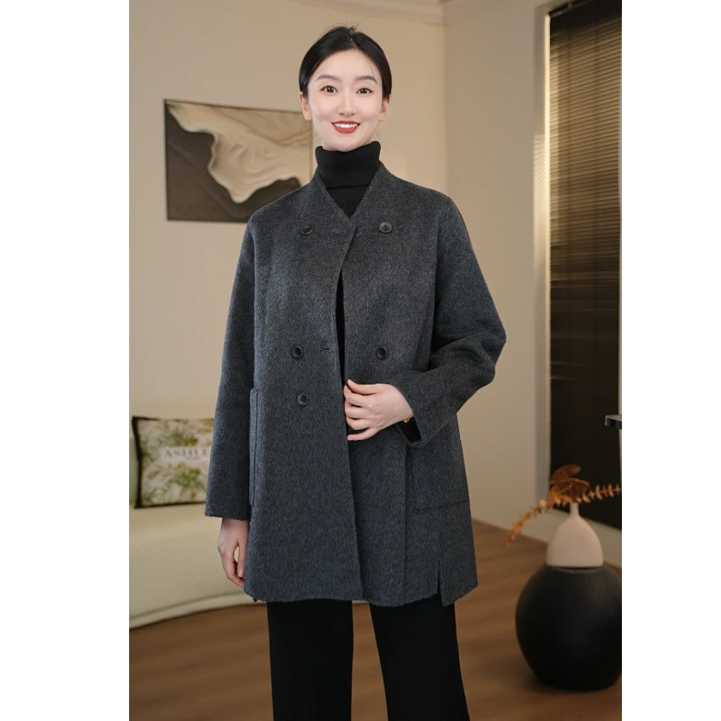 【曼贝乐乐】深灰色秋冬新款女款时尚双面呢羊毛大衣 8484320