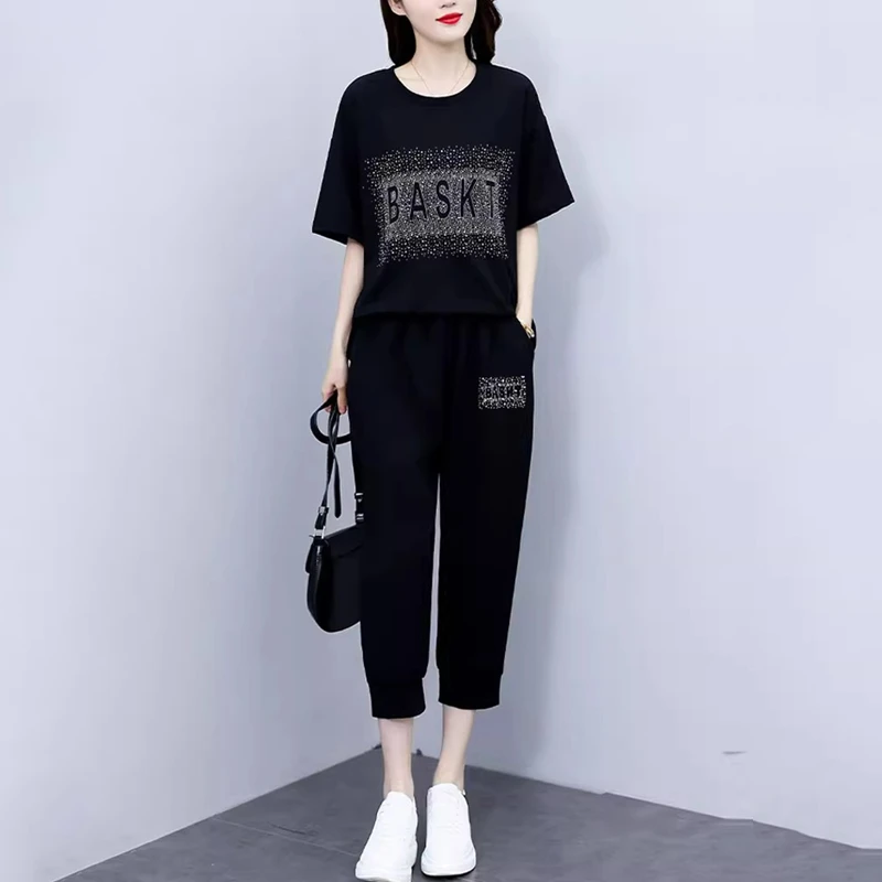 黑色短袖烫钻休闲运动套装女2024新款胖mm宽松大码遮肉显瘦两件套
