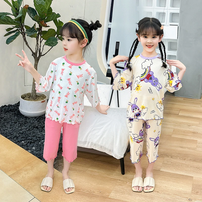 女童睡衣夏季短袖短裤儿童女孩夏款中大童薄款冰丝家居服套装