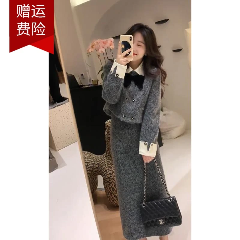 小香风套装女秋冬2023年新款高级感双面绒呢子外套半身裙两件套