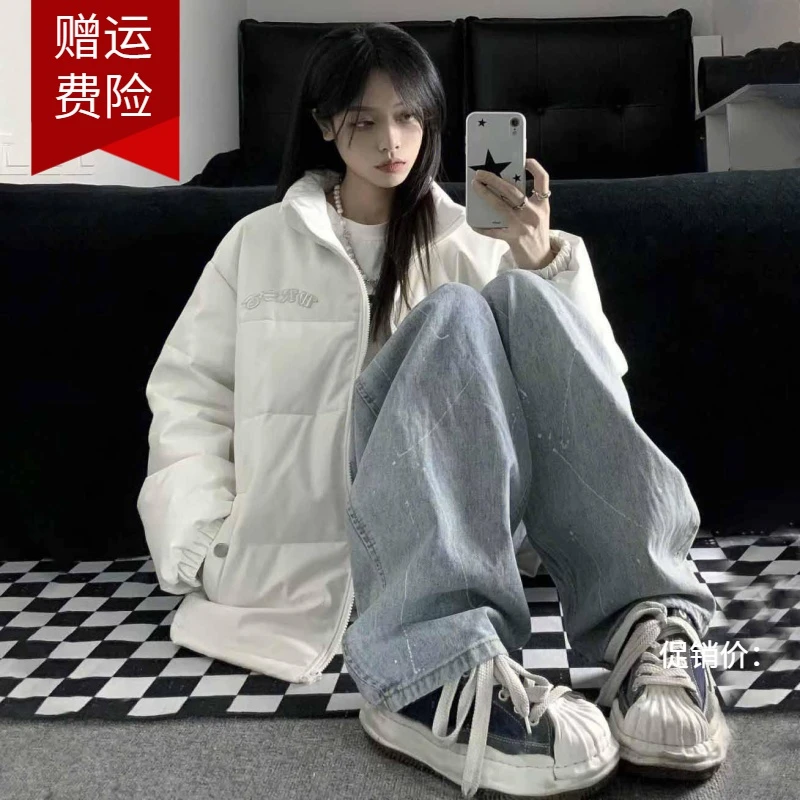 美式pu皮字母刺绣棉服外套女冬季ins加厚立领复古面包服学生棉袄