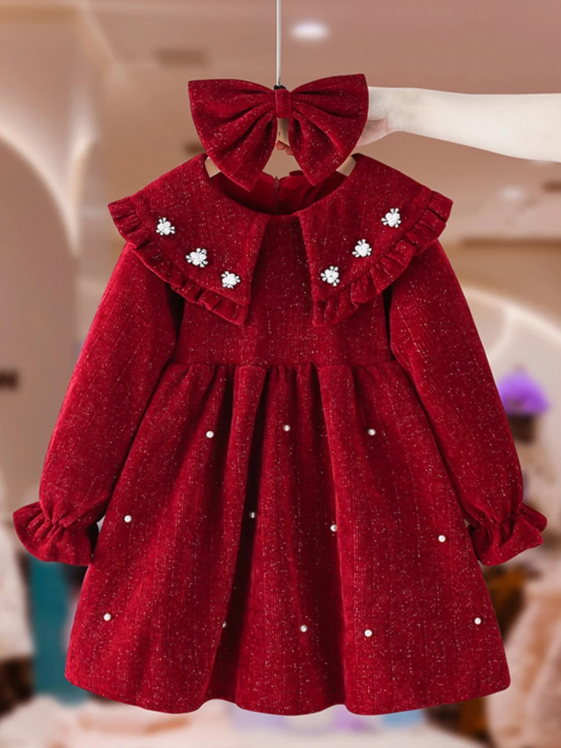 女童新年红色连衣裙2025秋冬新款洋气女孩公主裙儿童秋季时髦年服
